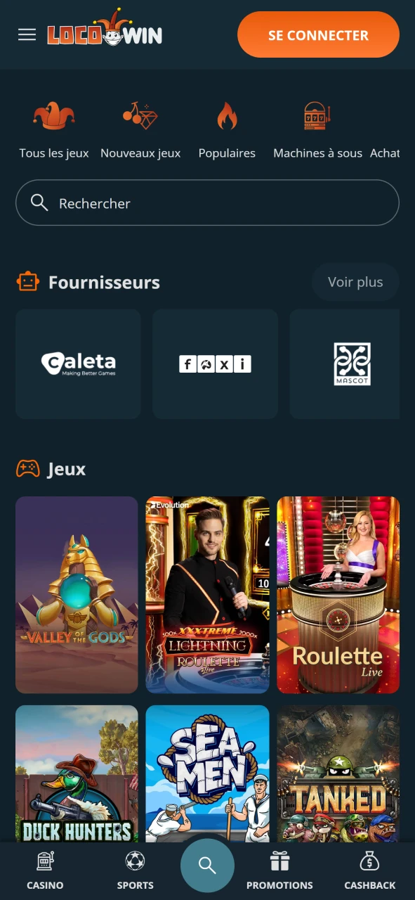 La section casino de LocoWin.