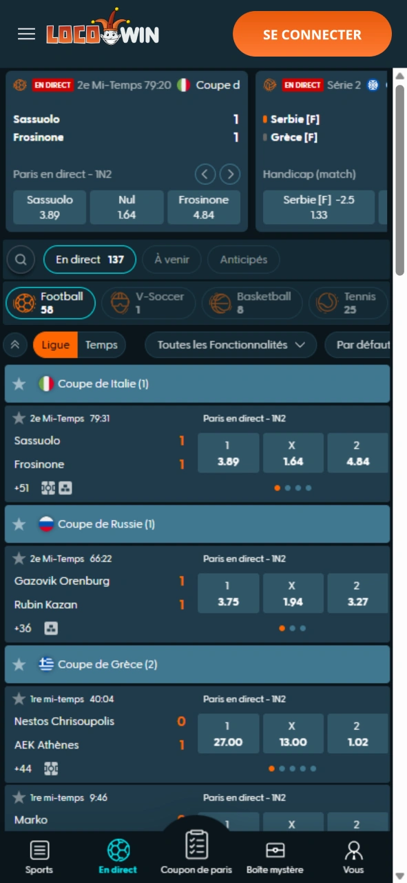 Section paris sportifs de LocoWin Casino.