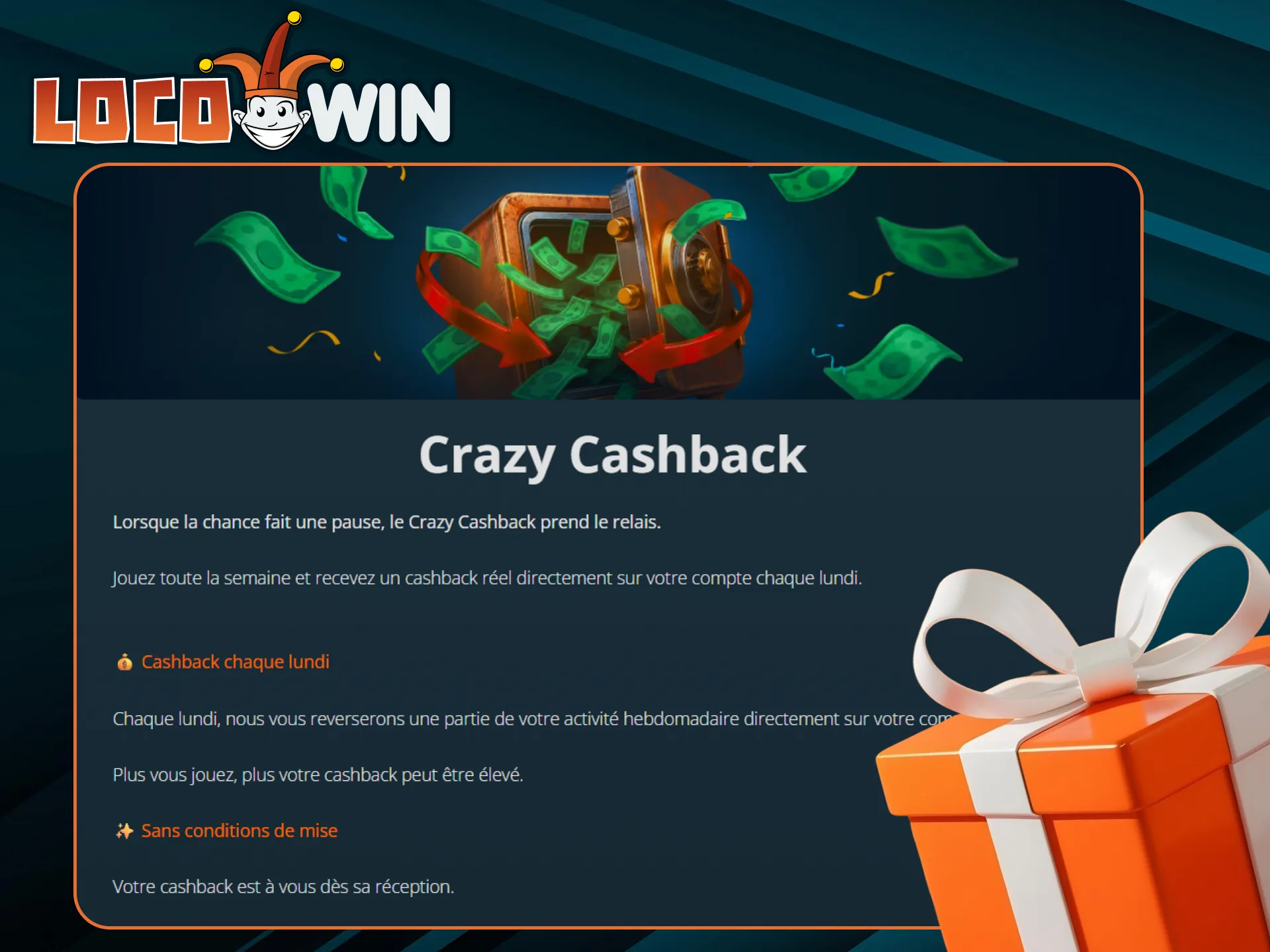 Jouez au casino LocoWin et recevez chaque lundi un cashback.