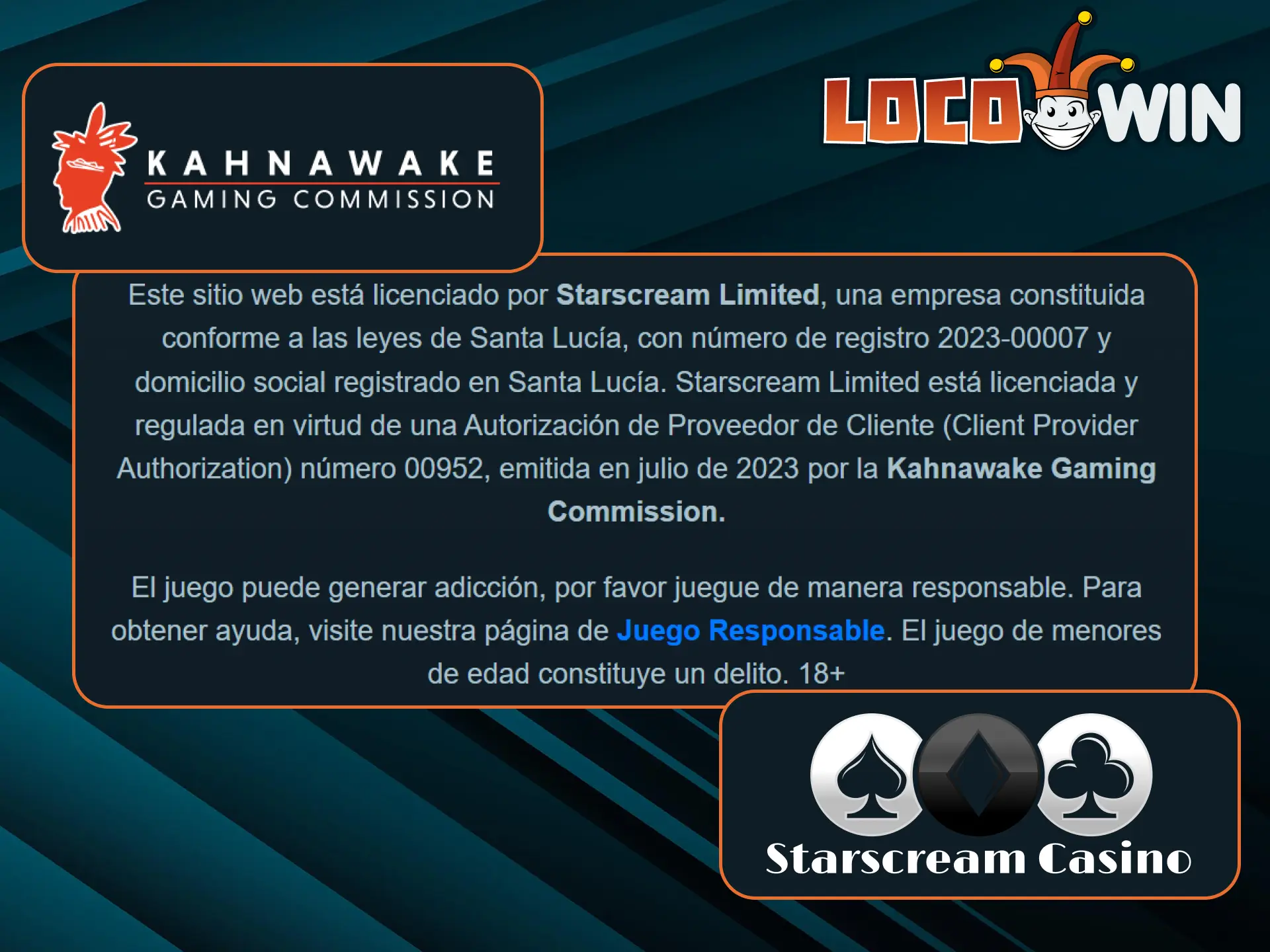 LocoWin est exploité sous licence de la Kahnawake Gaming Commission par Starscream Limited.