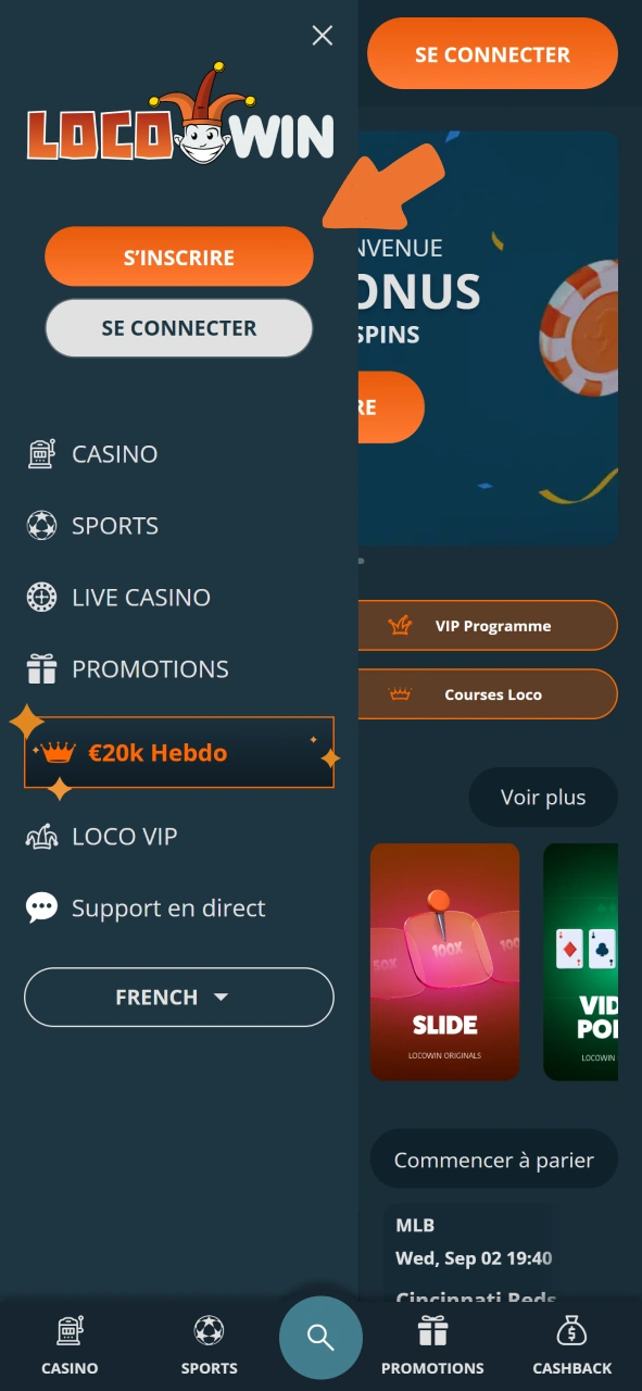 Pour commencer le processus d'inscription sur LocoWin, cliquez sur le bouton S'inscrire.