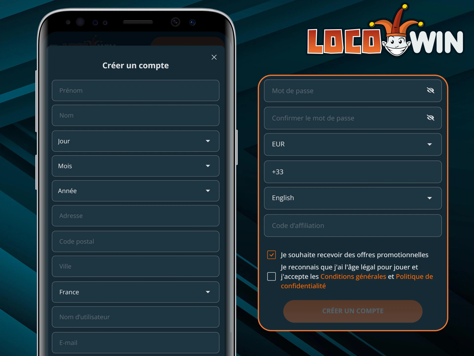 L'inscription sur LocoWin depuis un appareil mobile est aussi simple que sur le site complet.