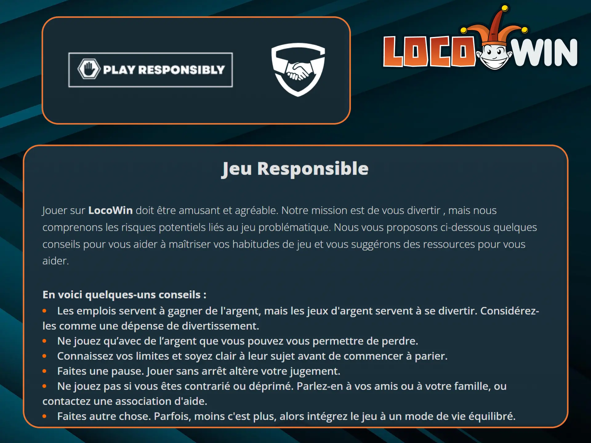 N'oubliez pas de jouer de manière responsable au casino LocoWin.